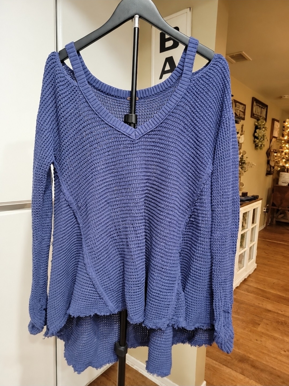 Free People Open-Knit V-Neck Sweater in Blue